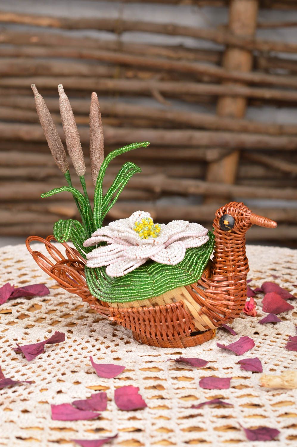 Beautiful handmade designer straw cachepot with beaded flower for home decor photo 1