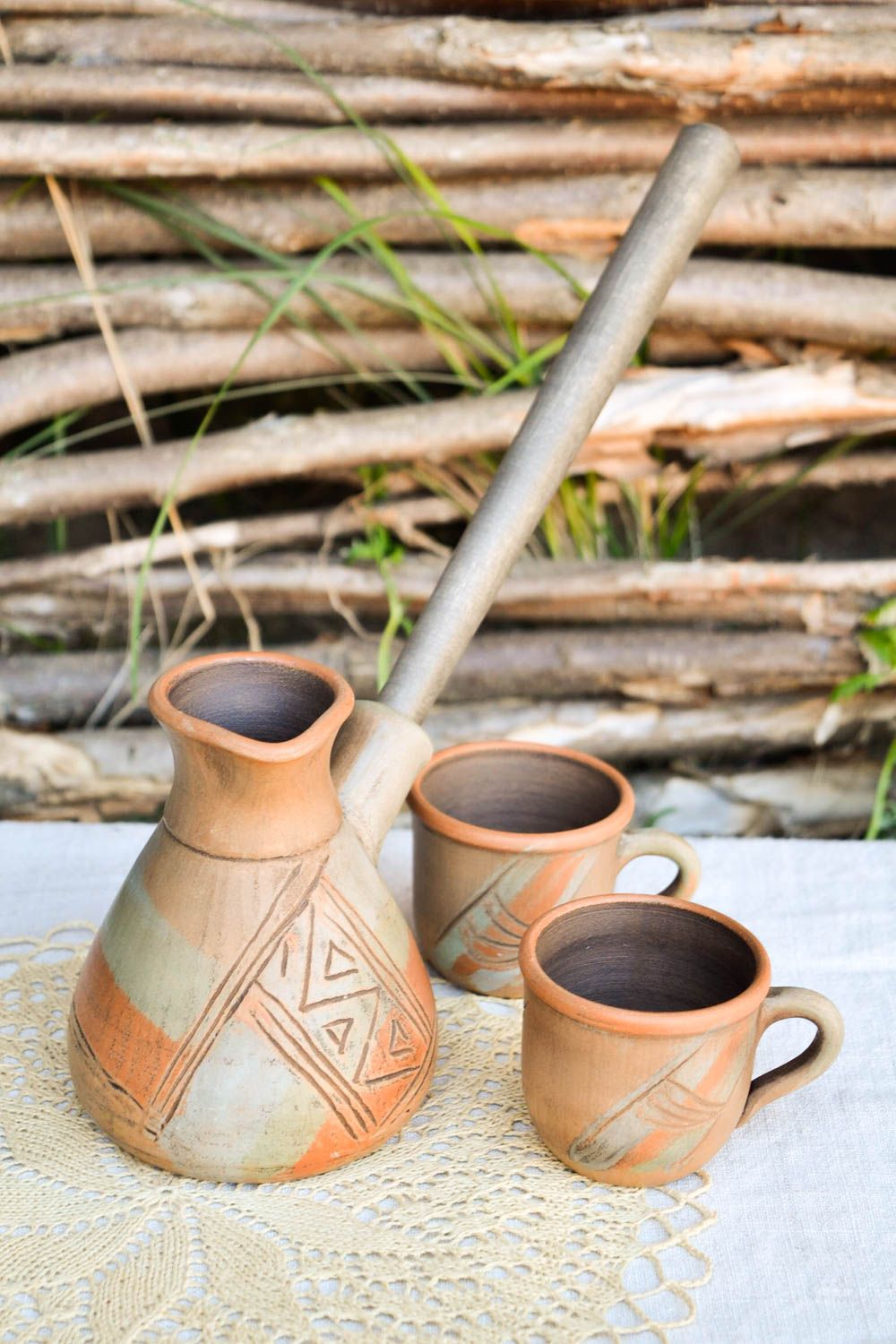 Handmade ceramic cezve clay cups kitchen pottery eco friendly tableware photo 1