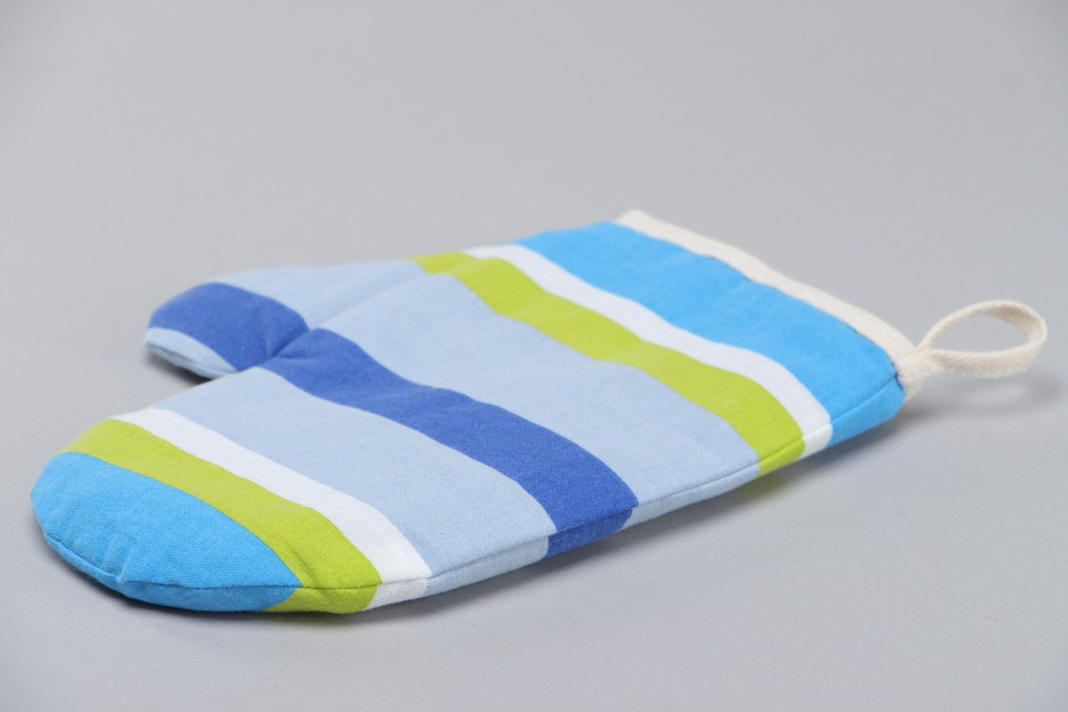 Bright colorful handmade oven mitt sewn of striped cotton fabric for kitchen photo 3