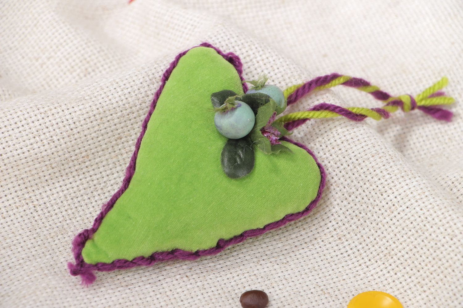 Small handmade heart-shaped wall hanging sewn of green velor for interior decor photo 5