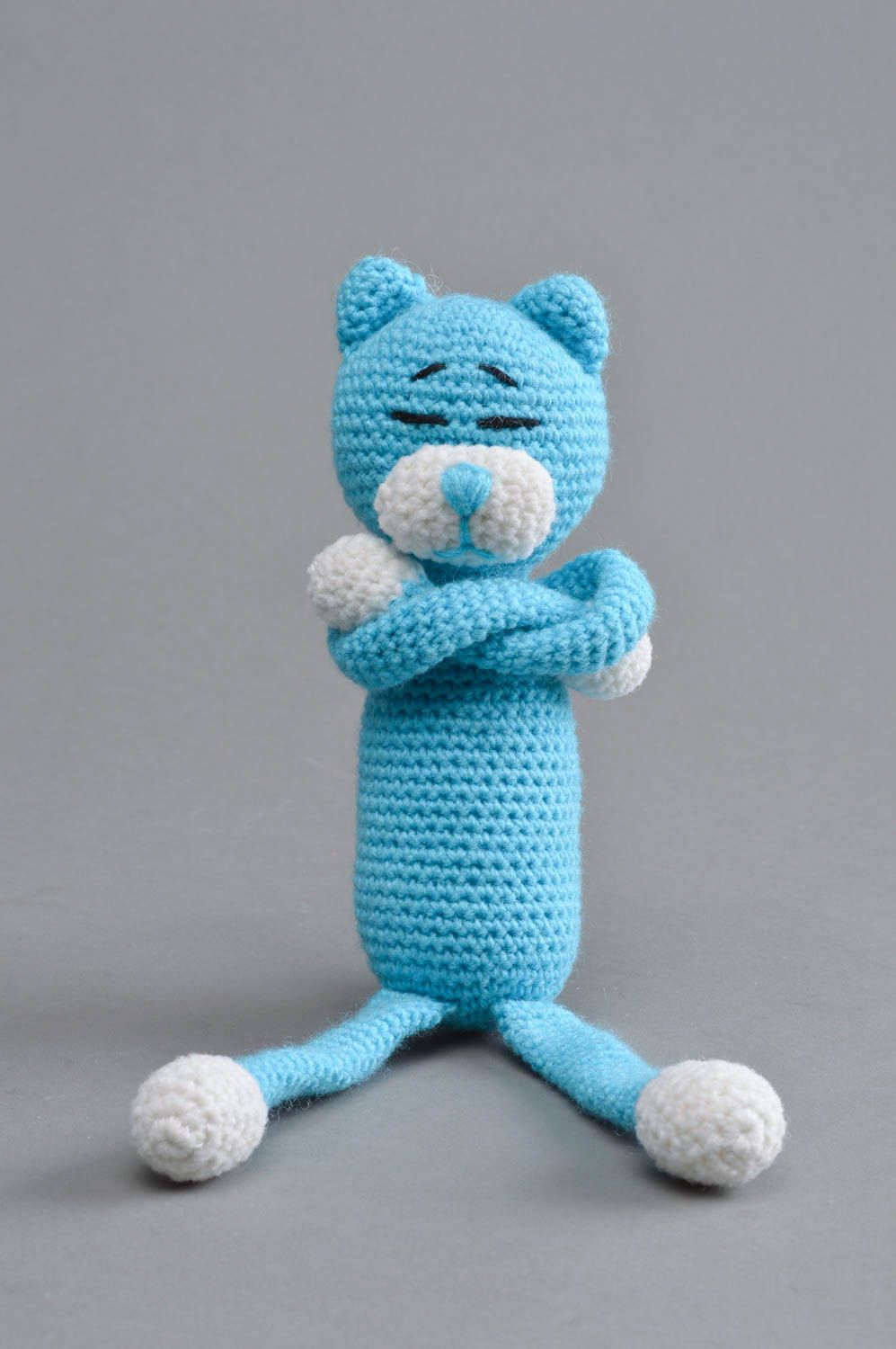 Unusual handmade blue crocheted toy in shape of cat for kids photo 1