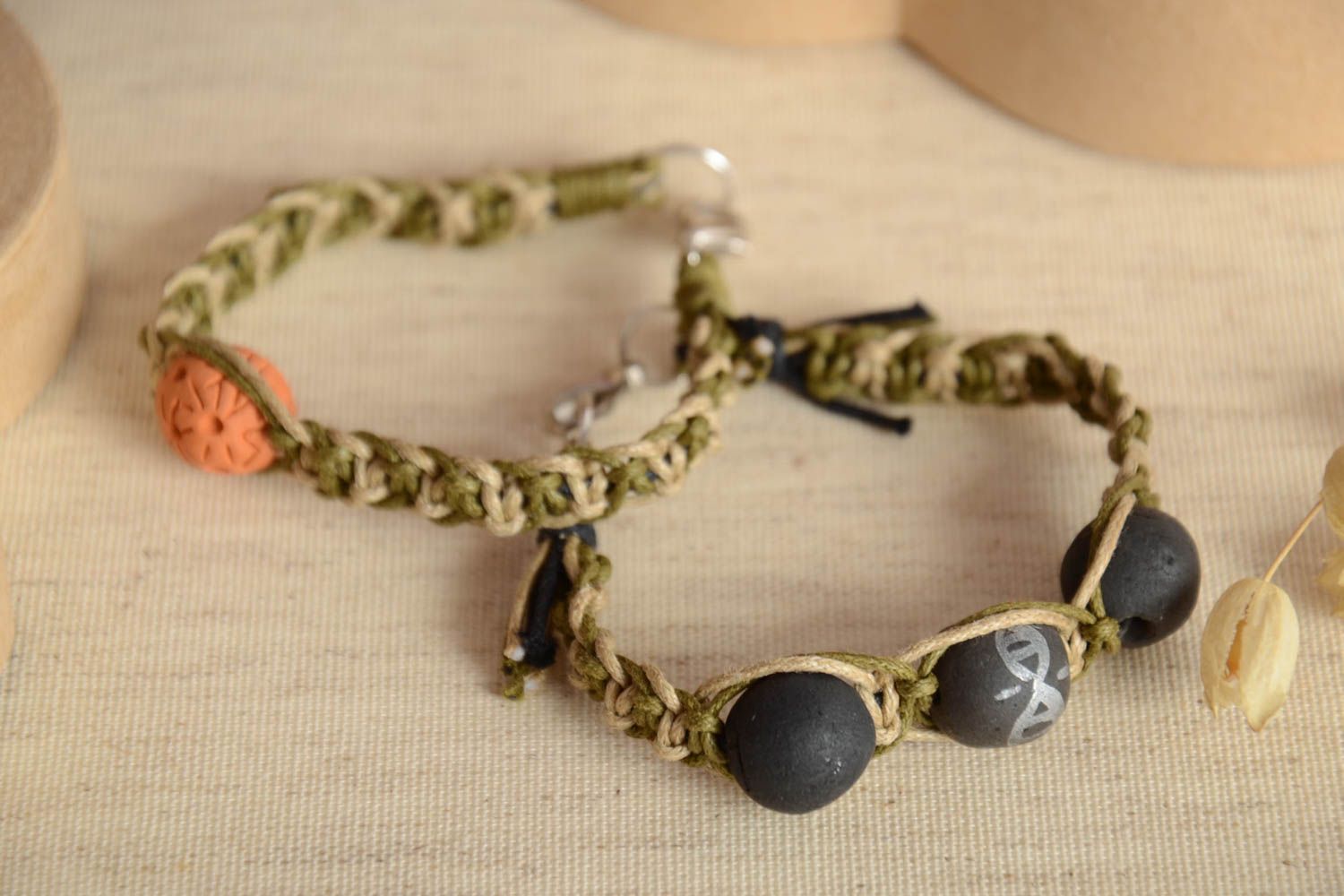 Set of 2 handmade woven bracelets with clay beads ceramic bracelets gift ideas photo 2