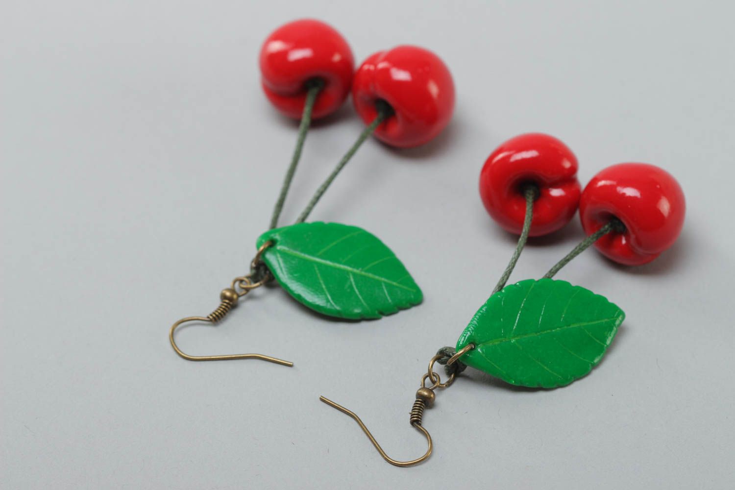 Handmade women's summer polymer clay long earrings in the shape of cherries photo 4