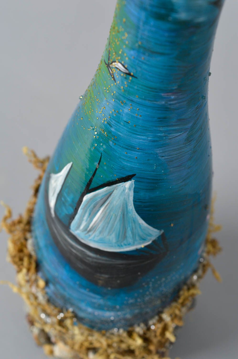 Стеклянная бутылка хэнд мэйд синяя с песком украшение для дома декор квартиры фото 4