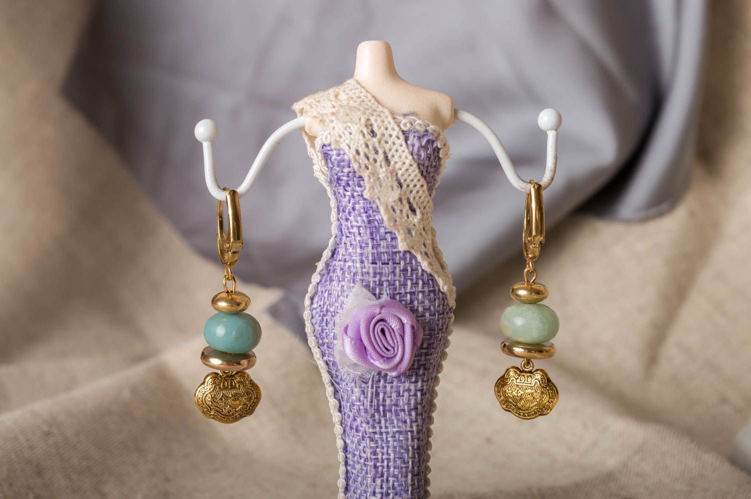 Beautiful elegant handmade designer brass earrings with blue natural stones  photo 1