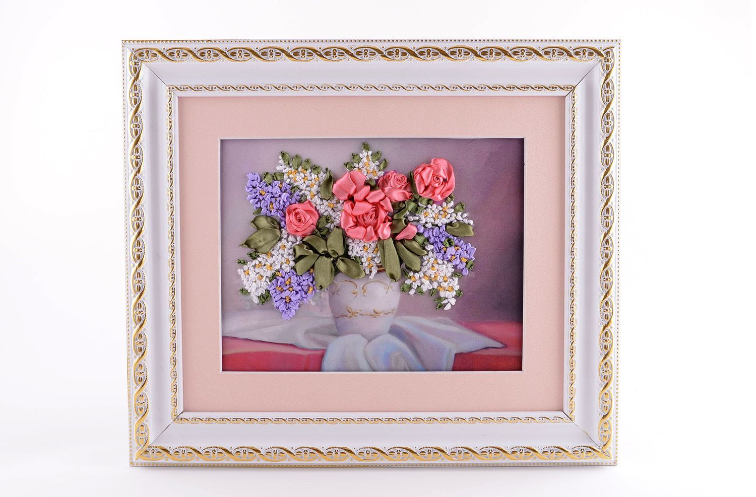 Picture with handmade flowers embroidered wall decoration with ribbons nice gift photo 1