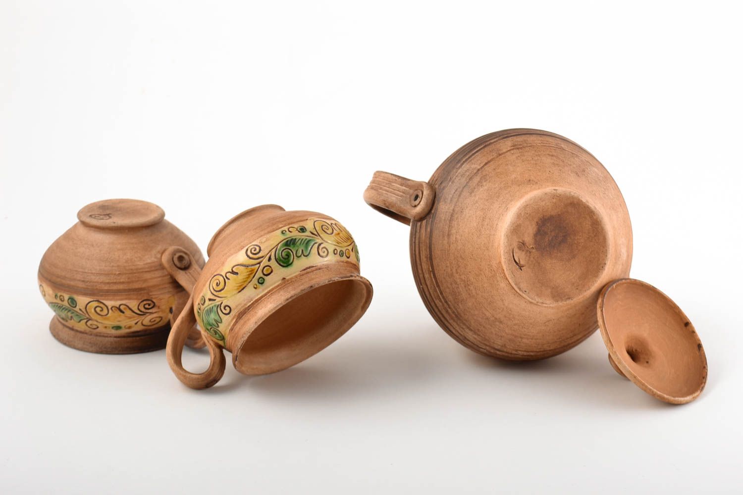 Заварной чайник ручной работы две глиняные чашки керамическая посуда набор  фото 4