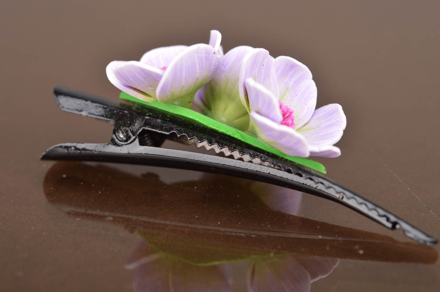 Unusual handmade lilac polymer clay flower hair clip photo 5