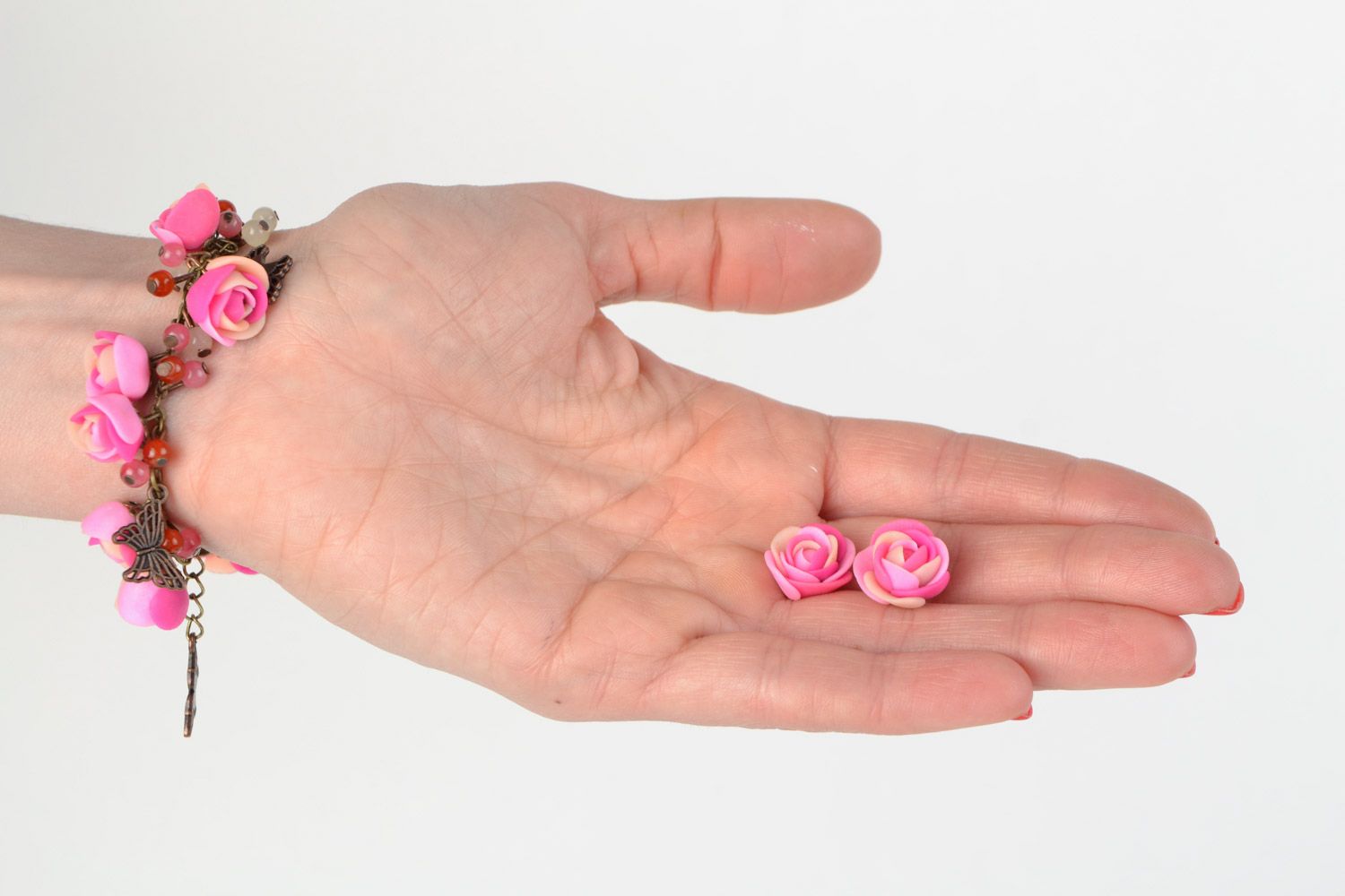 Handmade plastic flower jewelry set 2 items bracelet and stud earrings photo 2