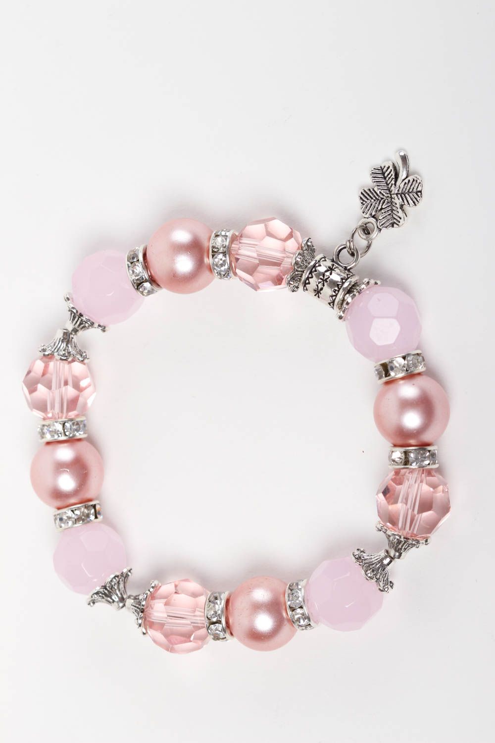 Bracelet en quartz rose Bijou fait main avec trèfle en métal Cadeau pour femme photo 2