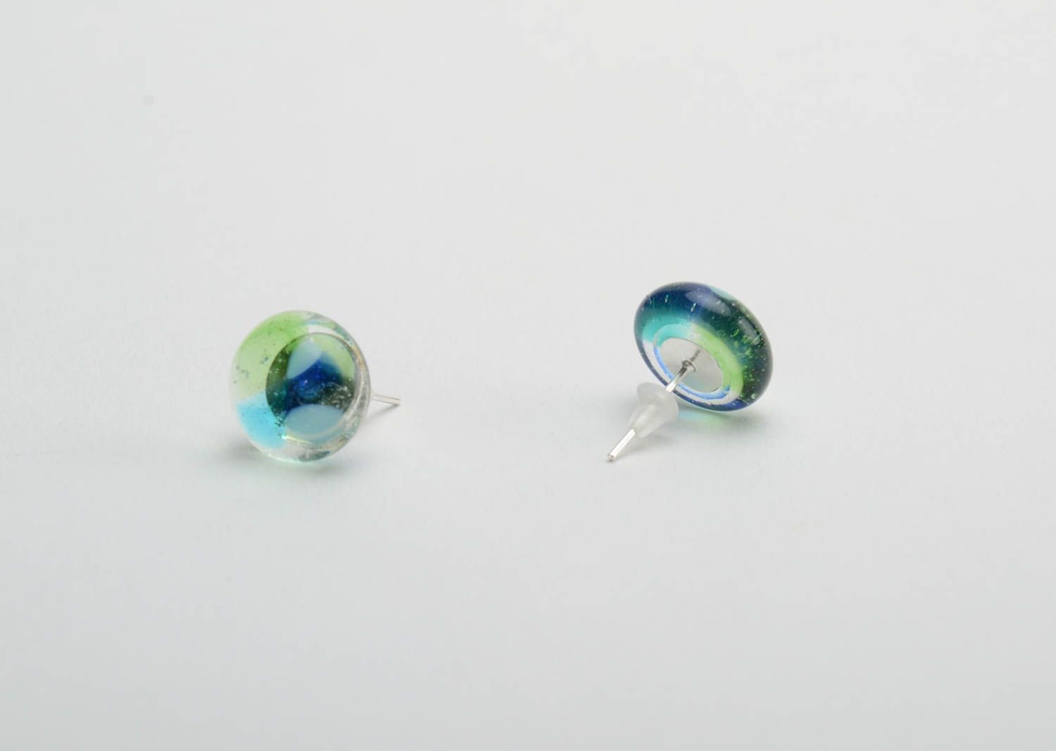 Colored stud earrings fusing glass handmade small round beautiful jewelry photo 3