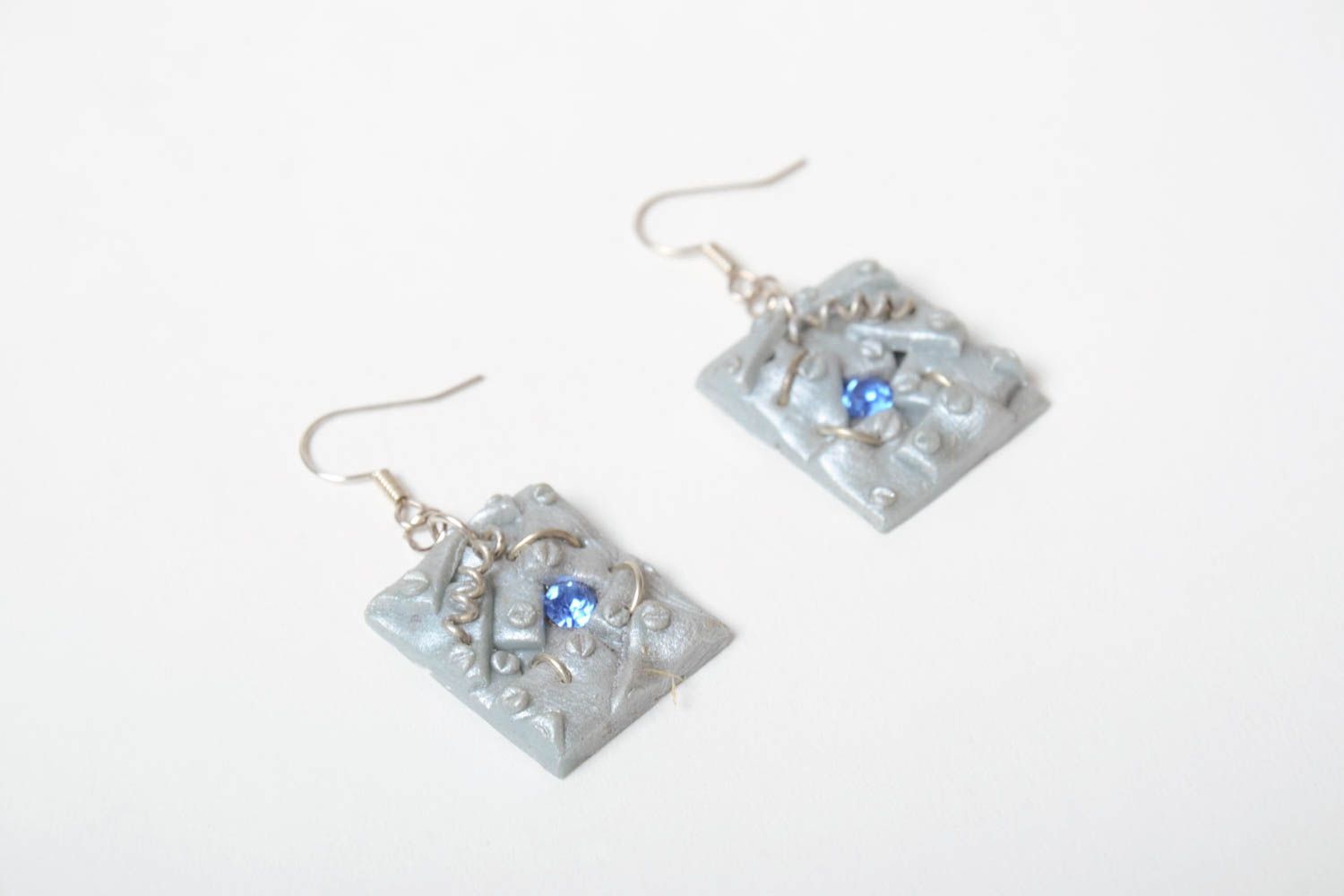 Beautiful handmade polymer clay earrings with strasses square gray designer photo 3