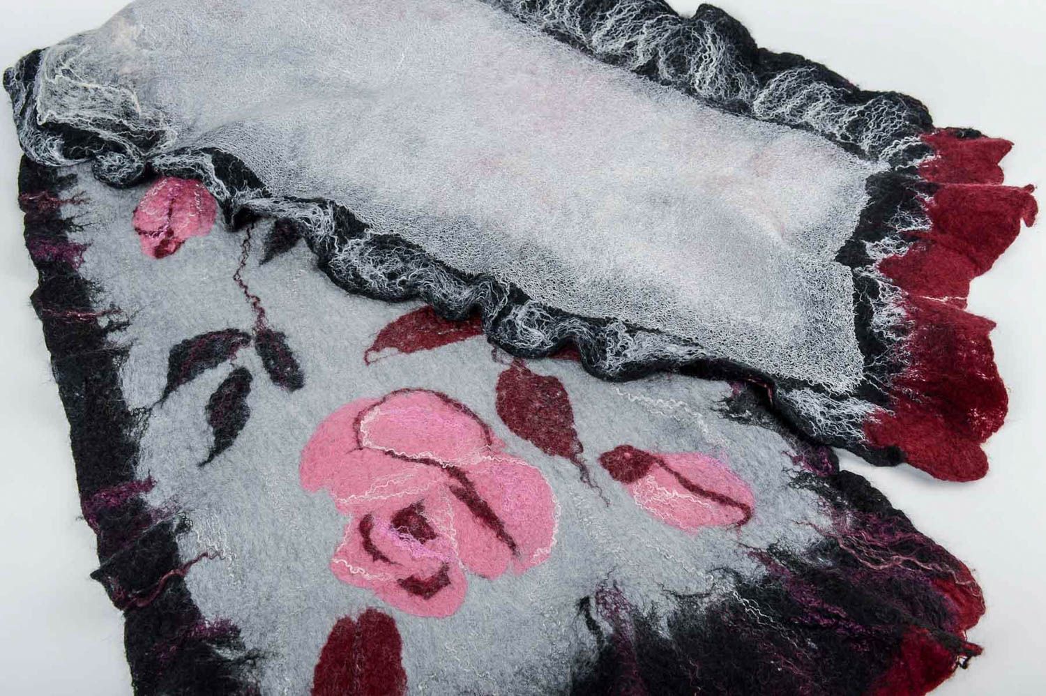 Écharpe femme large Châle fait main Idée cadeau en laine et soie à motif floral photo 5