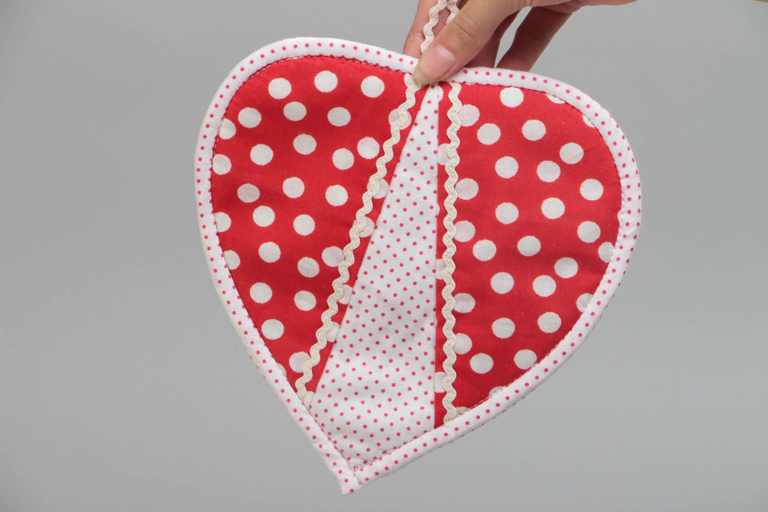 Bright handmade dotted cotton fabric pot holder in the shape of heart photo 5