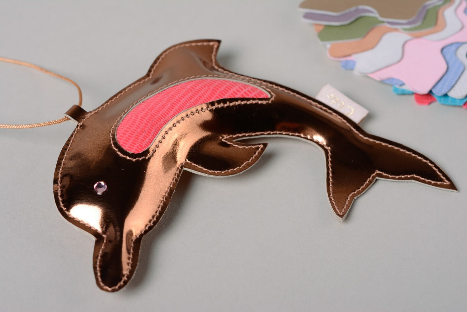 Handmade leather keychain toy in the shape of dolphin photo 5