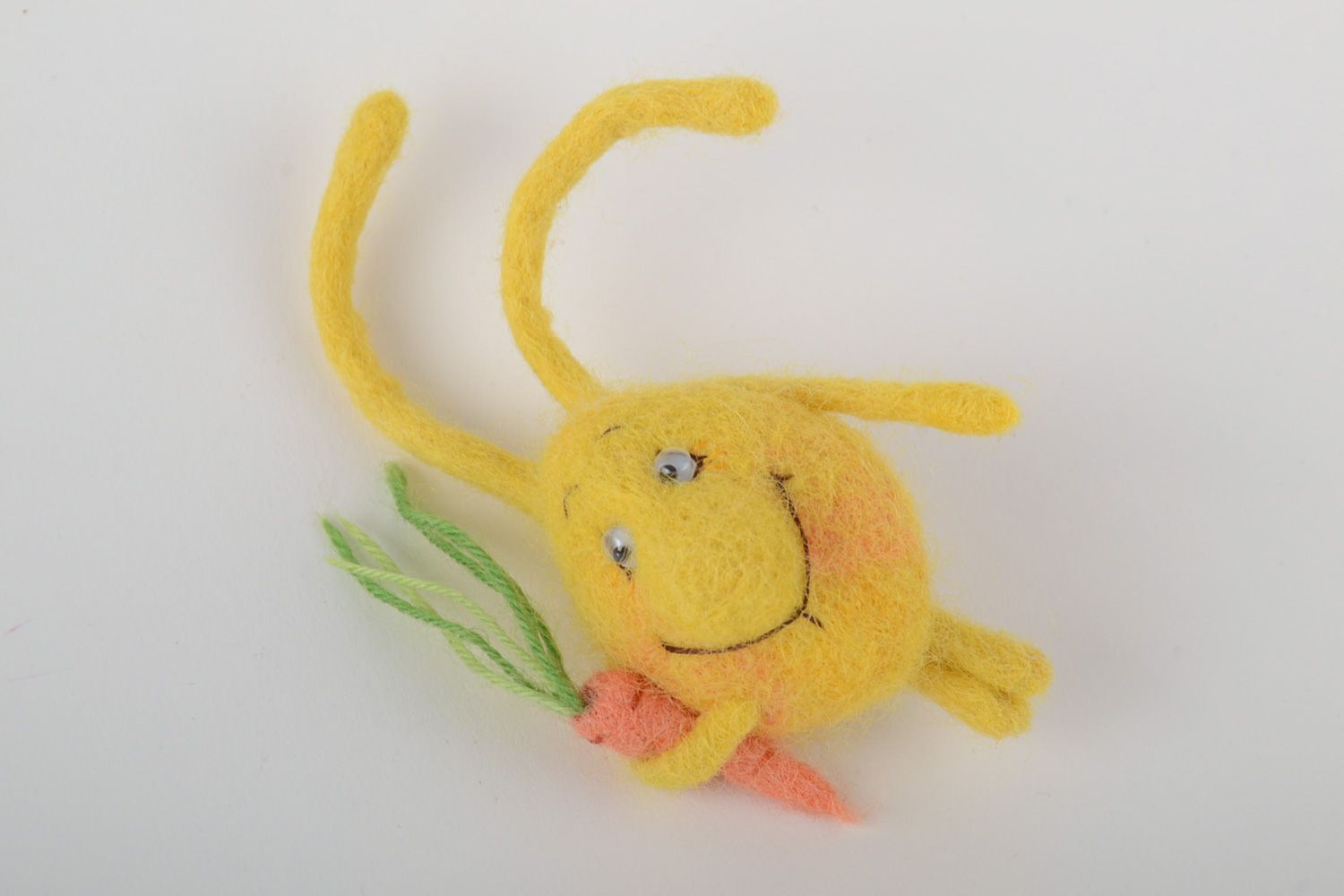Small handmade brooch felted on natural wool in the shape of cute yellow rabbit photo 5
