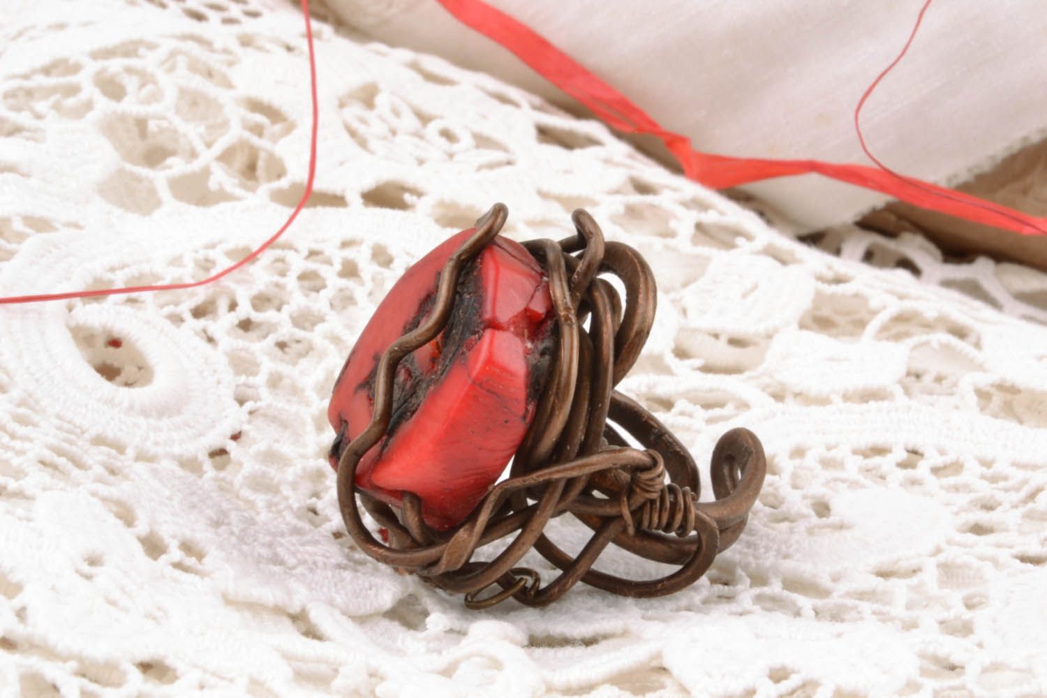 Copper seal ring with coral photo 5