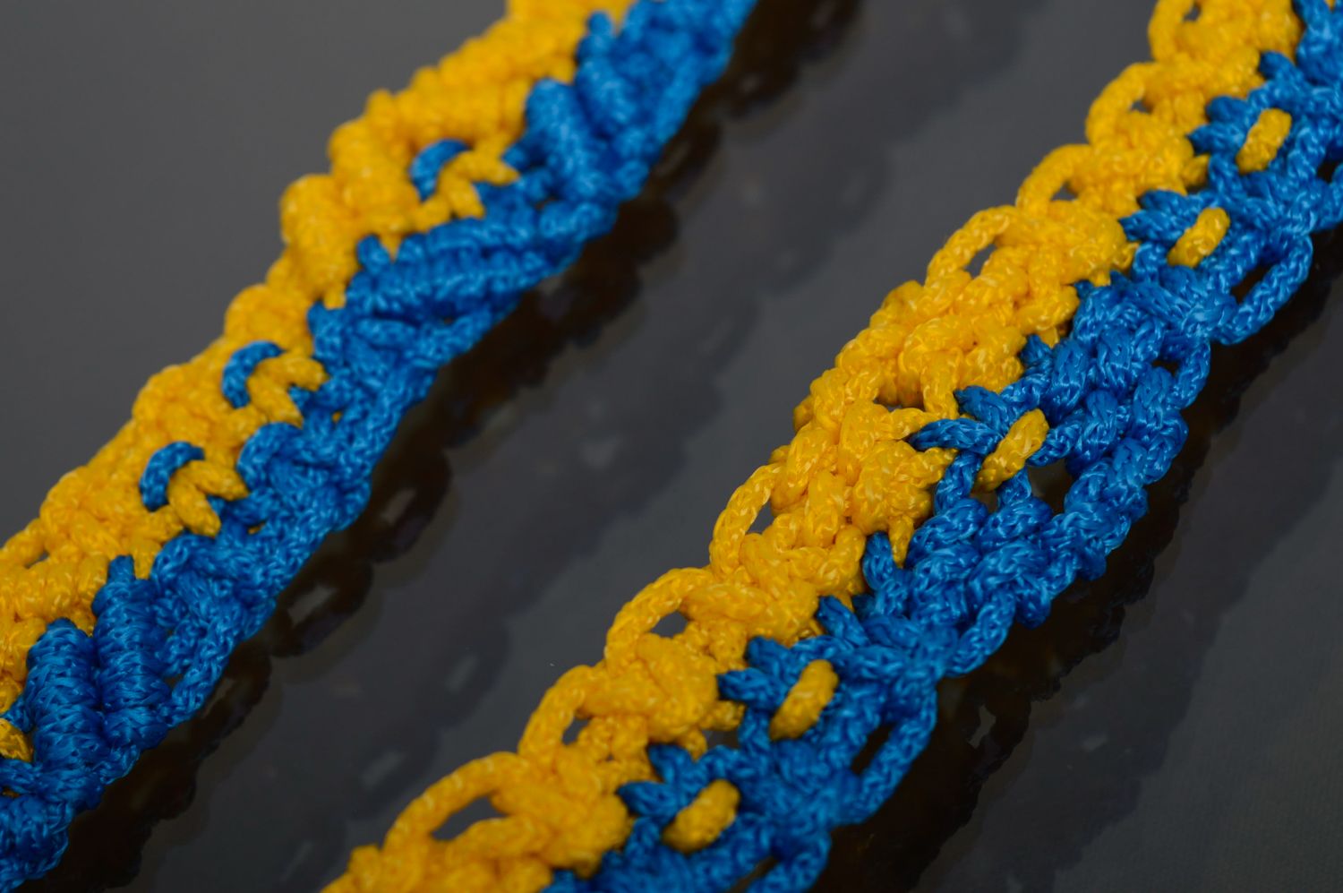 Wide macrame belt woven of polyester cords of yellow and blue colors photo 5