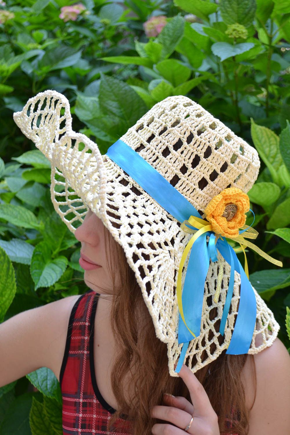 Handmade designer crocheted lacy summer hat with yellow flower and blue ribbon photo 1