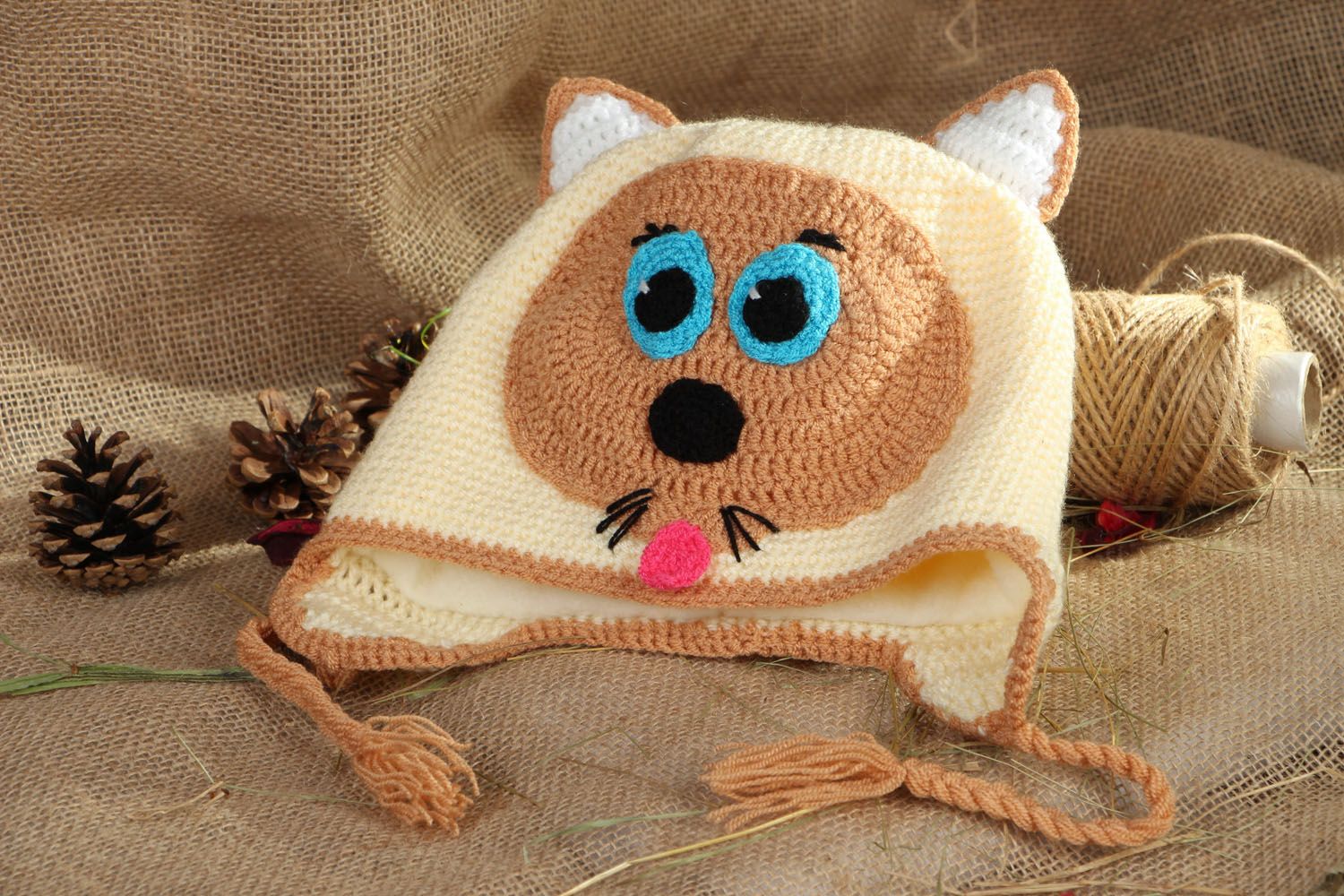 Crocheted hat Beige Cat photo 5