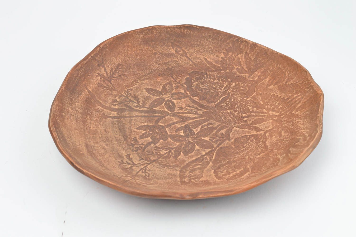 Assiette à motif floral en argile plate ronde marron faite main écologique photo 2