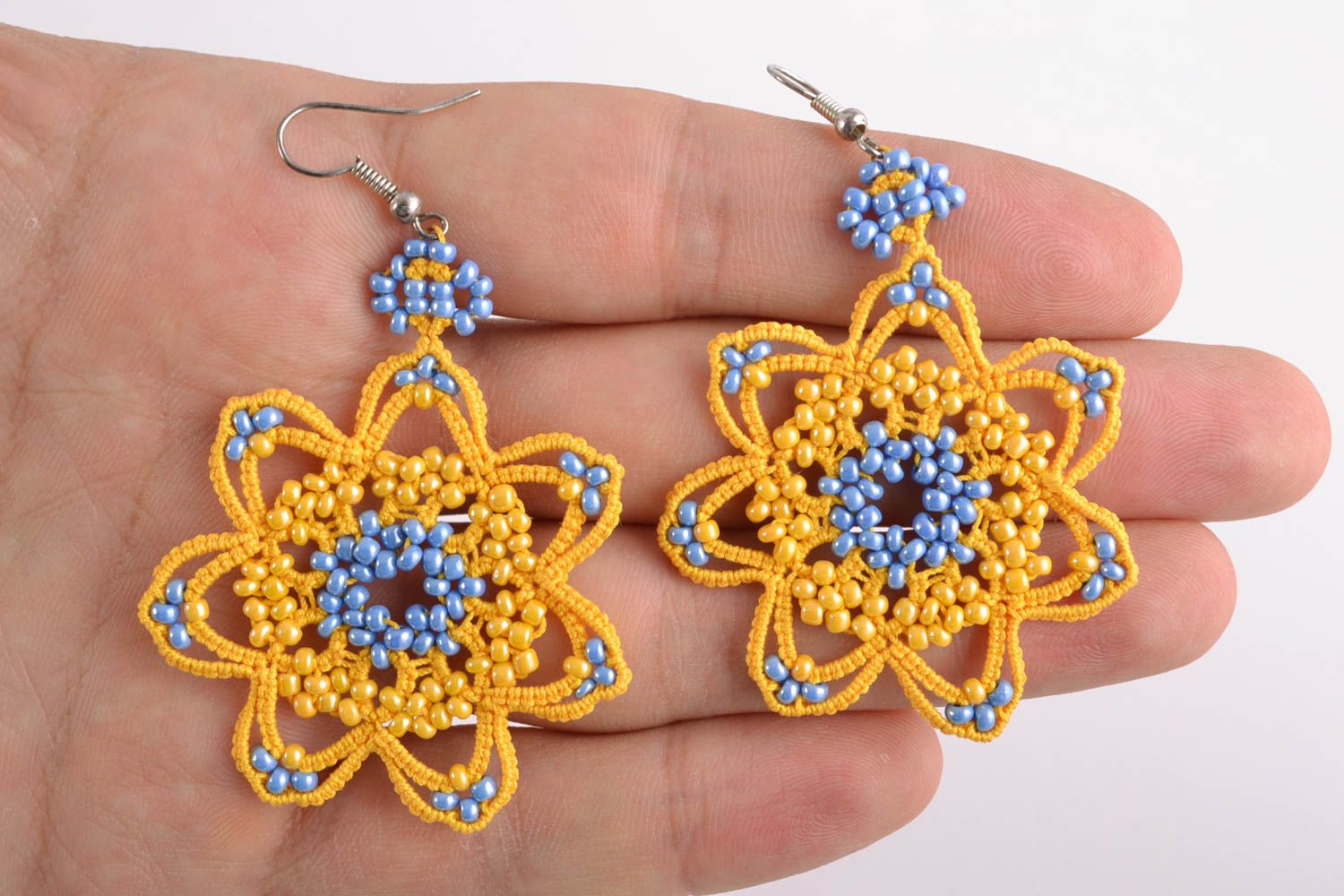 Tatting earrings with beads Yellow Flower photo 2