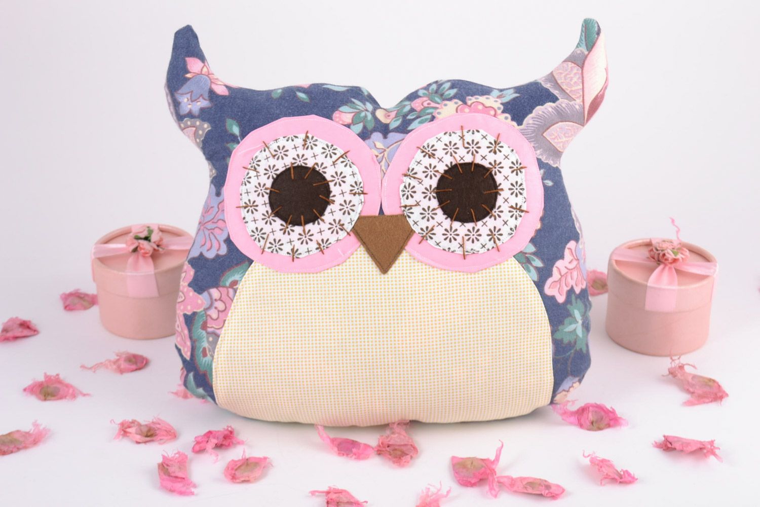 Handmade decorative soft pillow pet sewn of fabric Violet Owl for children photo 1