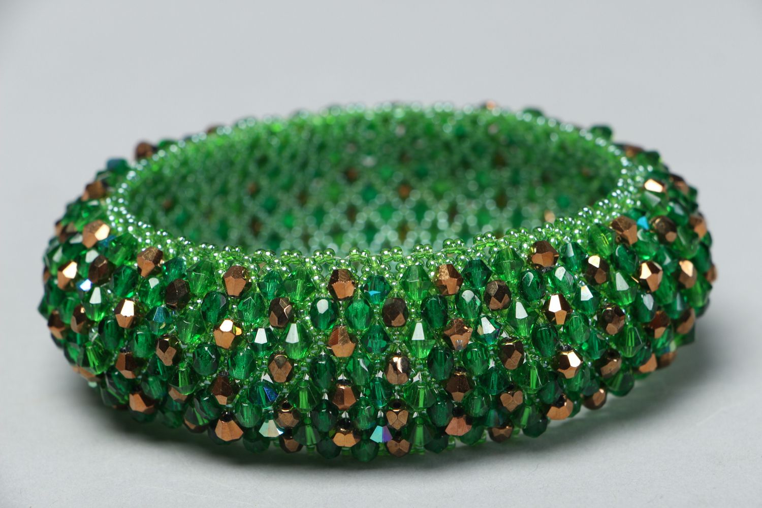 Green handmade beaded bangle bracelet with crystal beads for girls photo 1