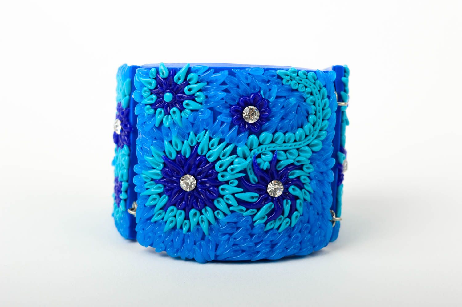 Bracelet bleu Bijou fait main large pâte polymère design floral Cadeau femme photo 2