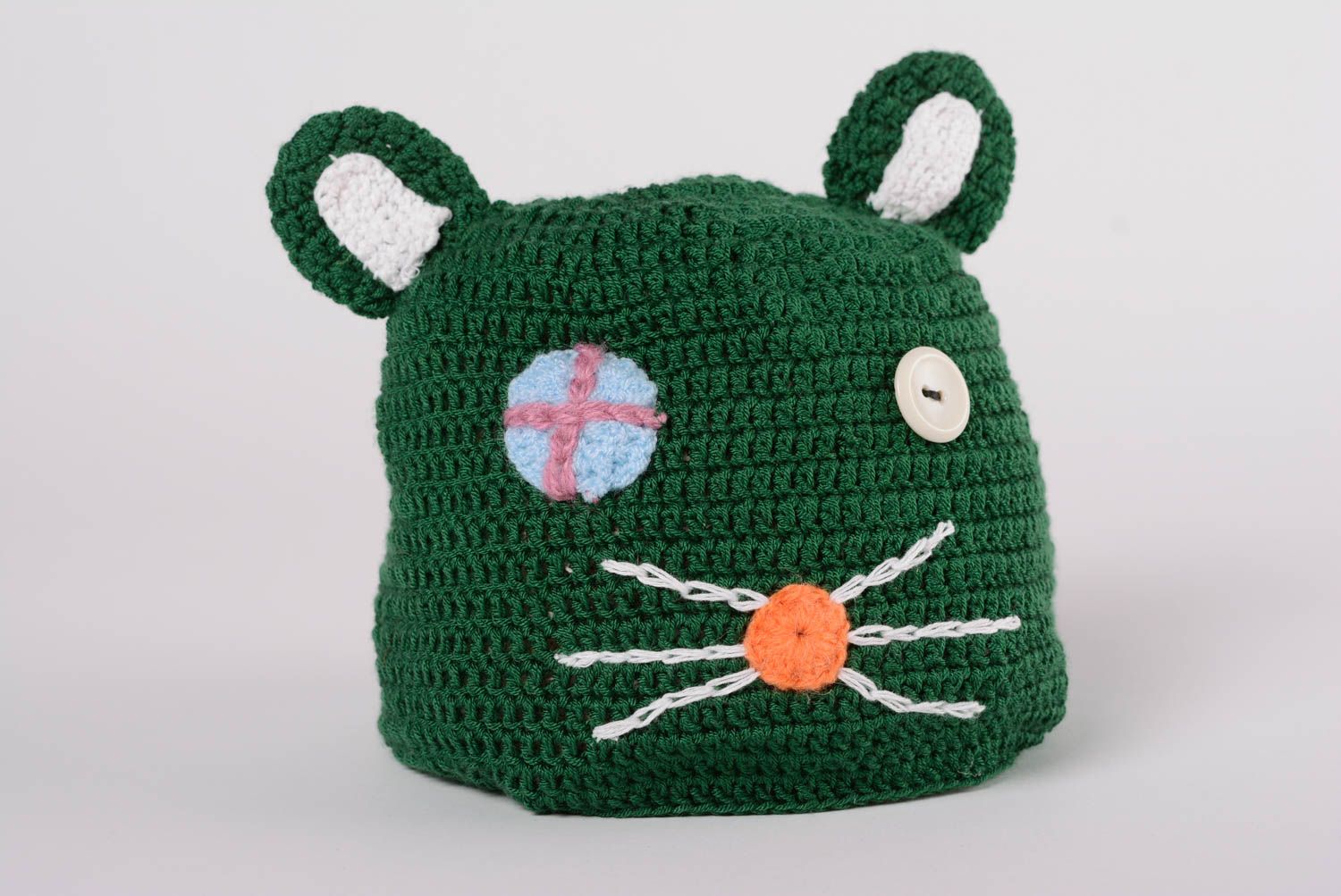 Bonnet tricoté pour enfant en fils synthétiques vert drôle fait main Chat photo 1
