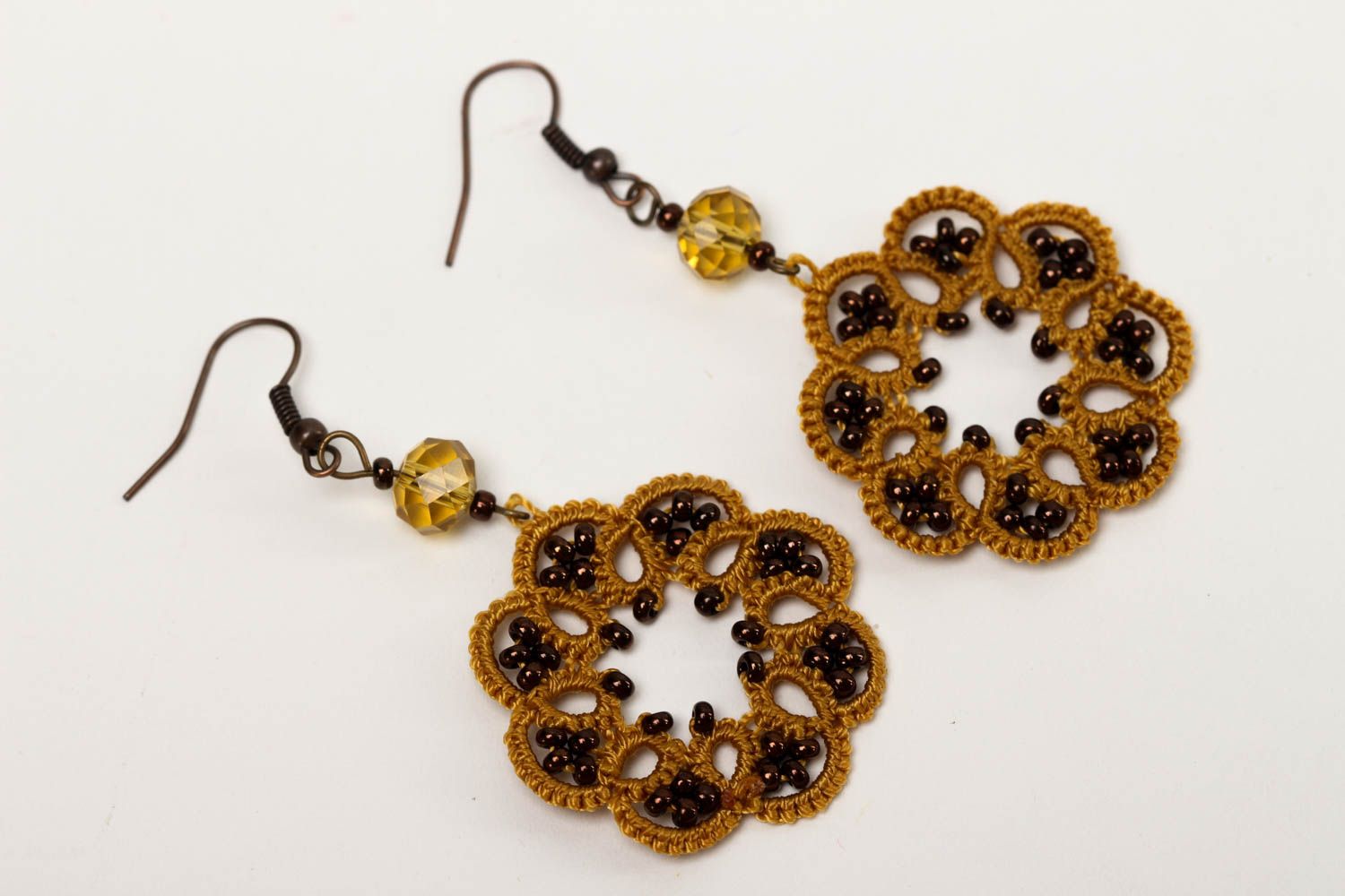 Unusual handmade woven earrings beaded earrings tatting accessories for girls photo 2