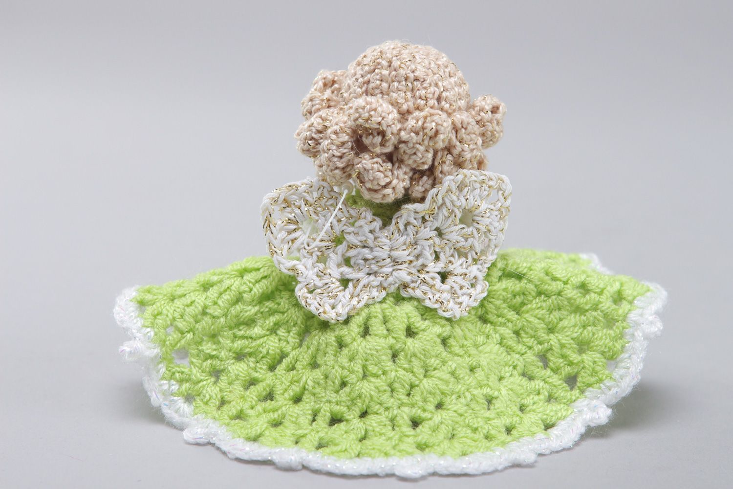Handmade soft doll crocheted of cotton and acrylic threads Girl in green dress photo 3