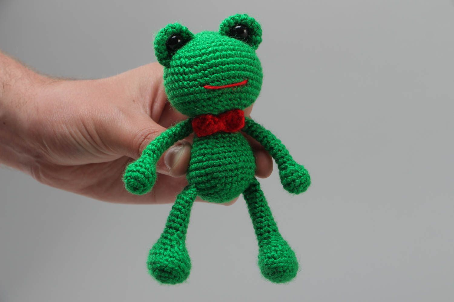Handmade soft toy crocheted of acrylic threads bright green frog for children photo 5