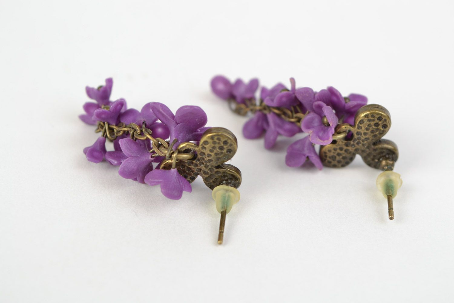 Beautiful handmade polymer clay flower earrings of violet color Lilac photo 5