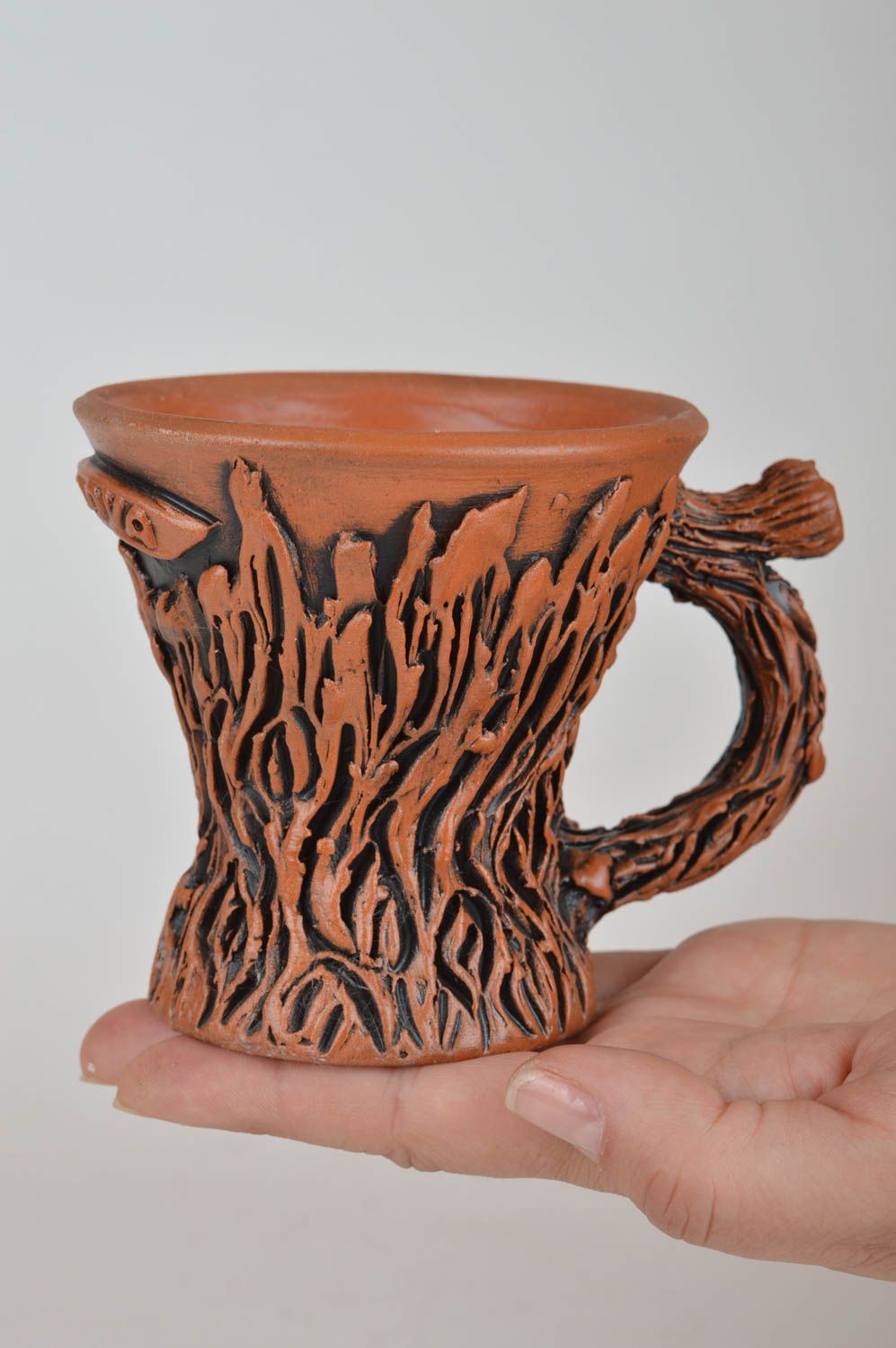 3 oz clay light brown glazed coffee cup in fake wood pattern with handle photo 3