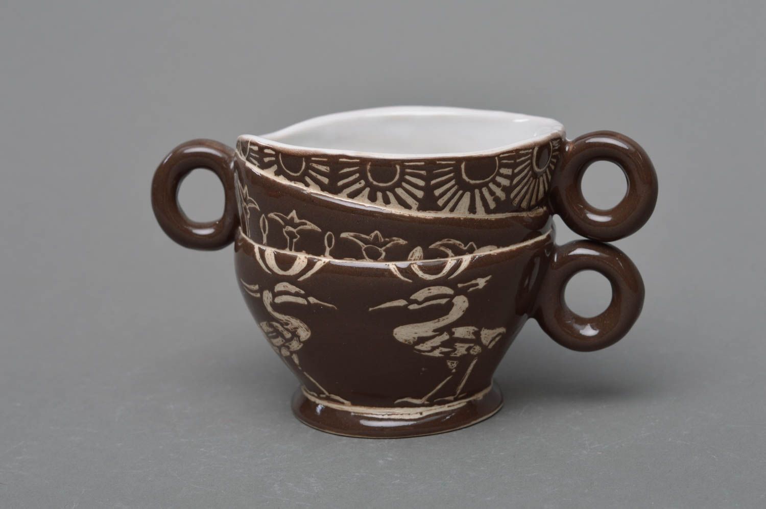 Art 5 oz ceramic cup in brown and beige color with birds' pattern and three handles photo 1