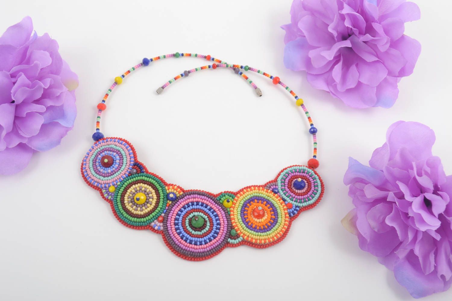 Handmade colorful bright necklace elegant tender necklace beaded accessory photo 1