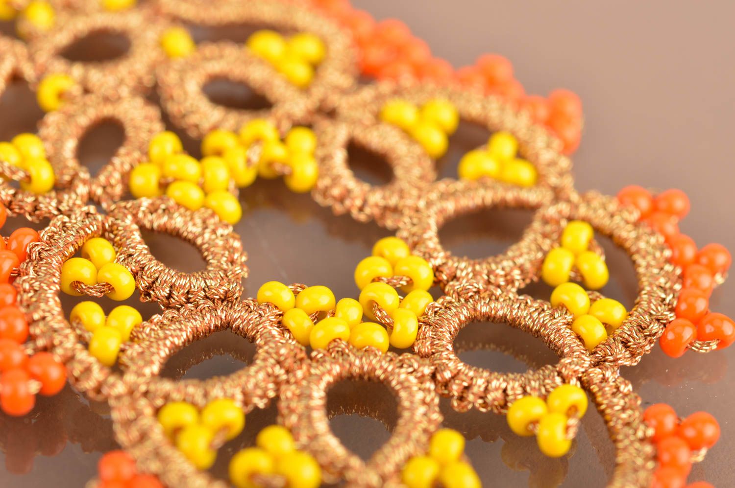 Beautiful yellow and orange handmade designer woven lace earrings tatting photo 3
