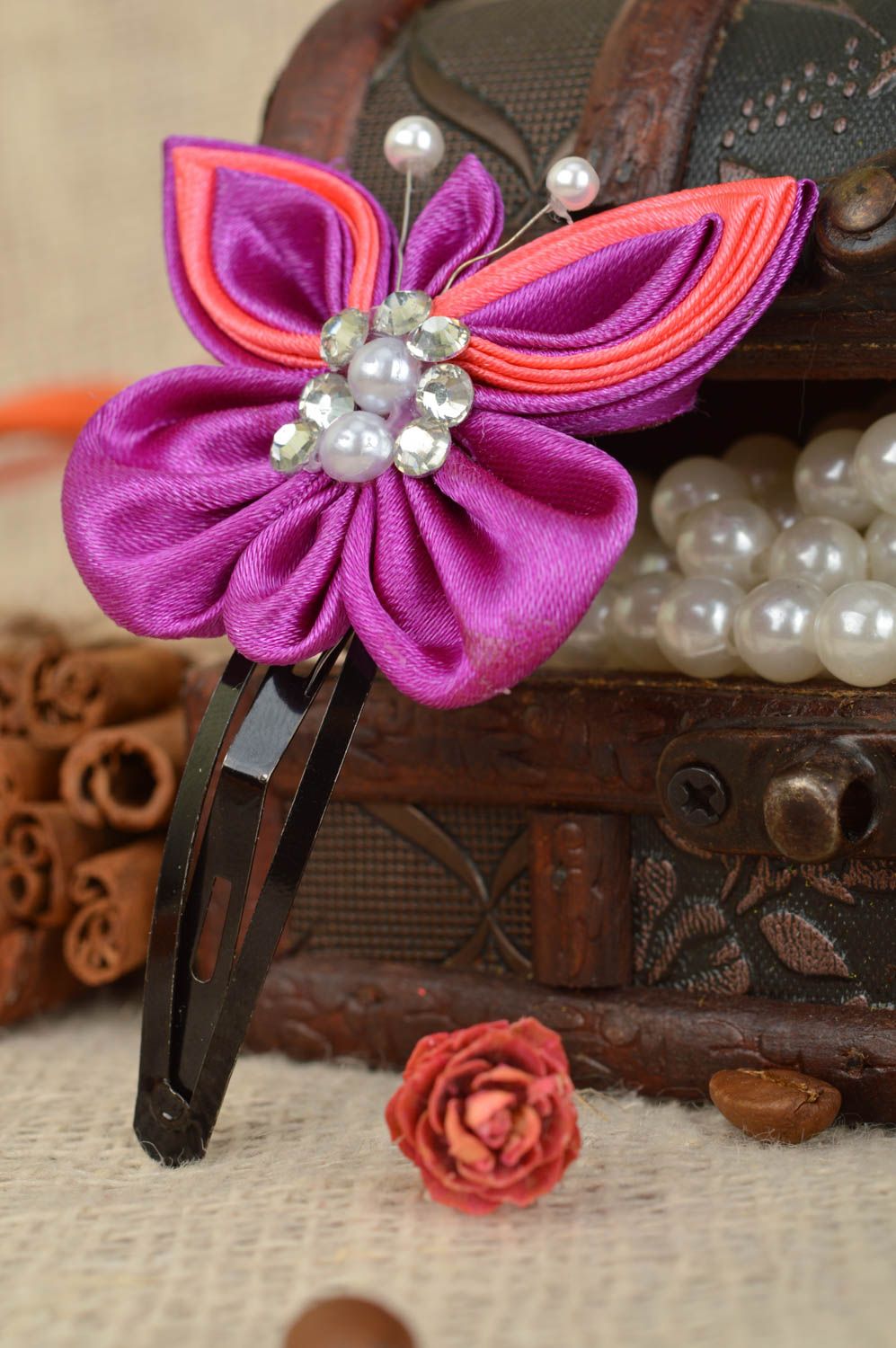 Handmade designer satin ribbon kanzashi hair clip bright pink butterfly photo 1