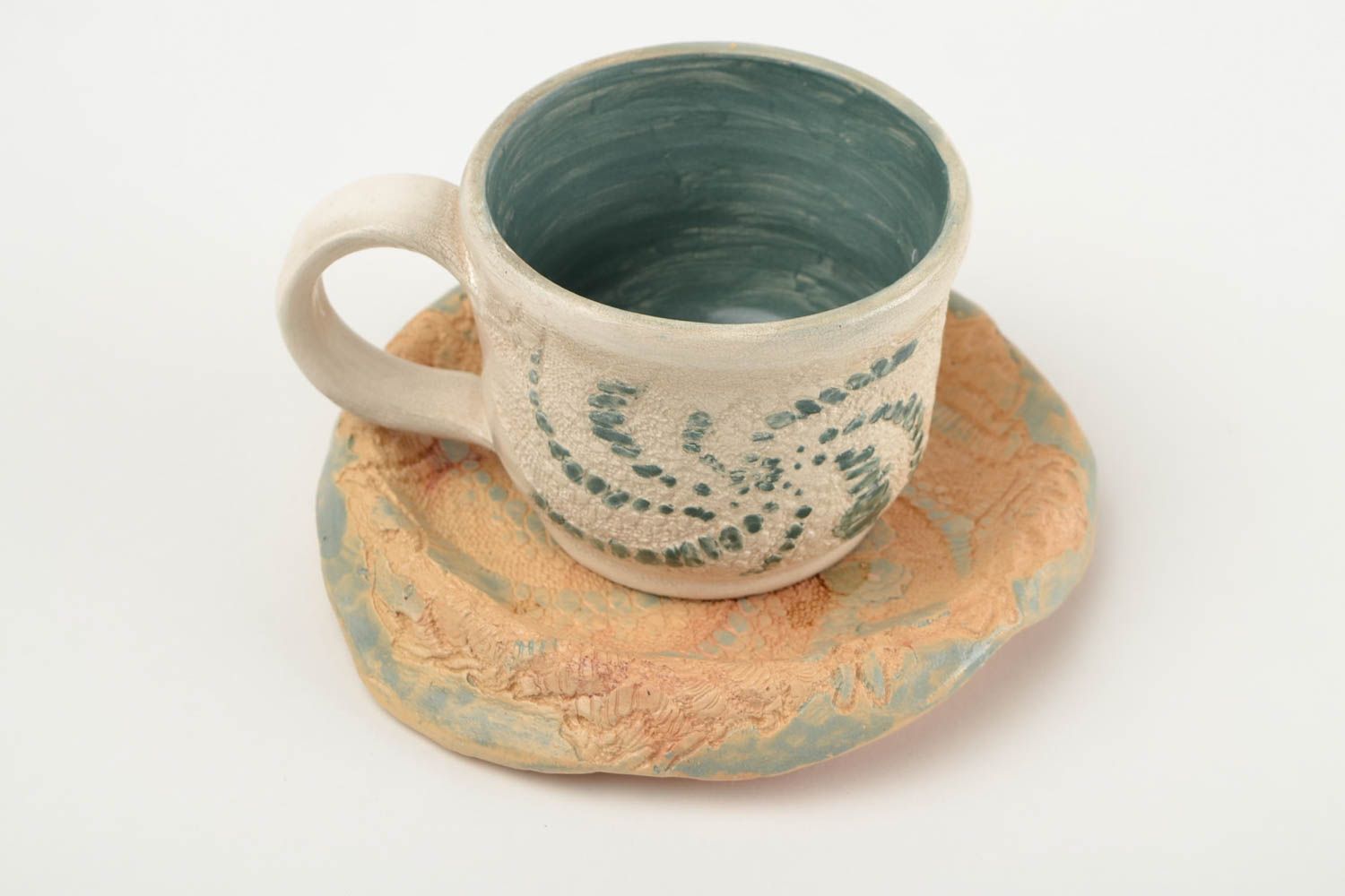 Handmade beige and green drinking 5 oz cup with handle  foto 3