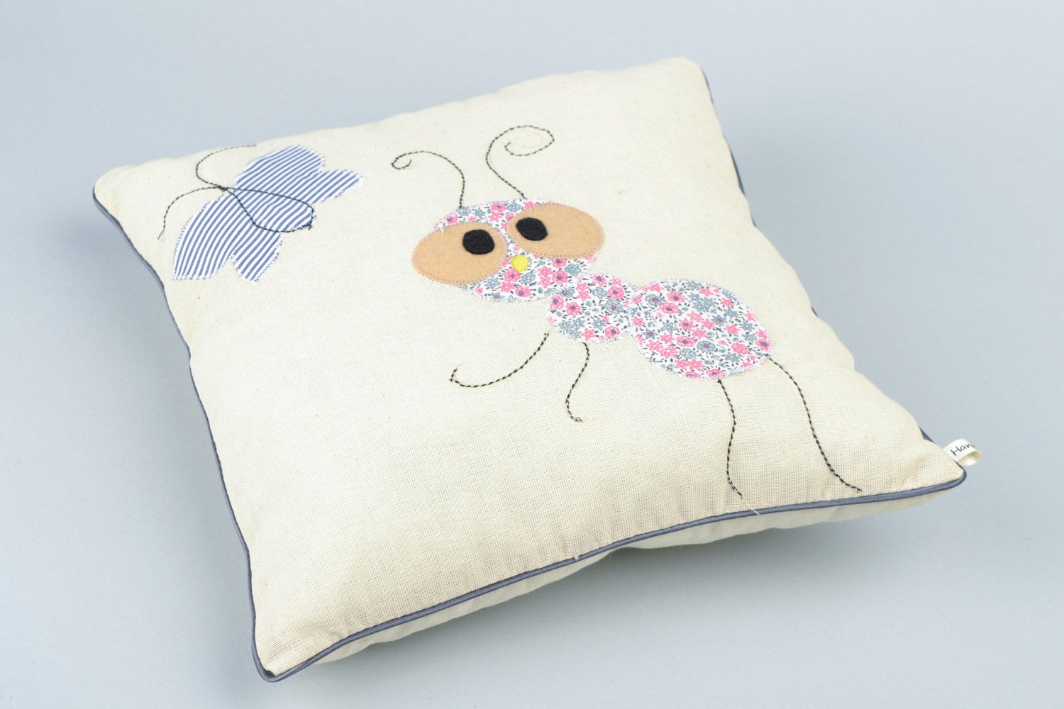 Handmade small decorative white accent pillow with applique work Ant photo 3