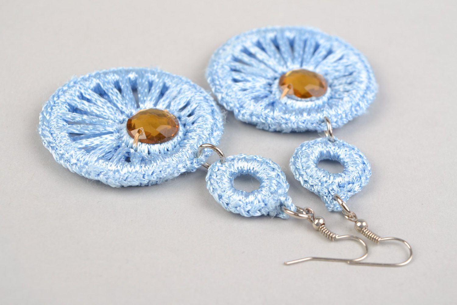Handmade designer long earrings woven of blue viscose threads with rhinestones photo 3