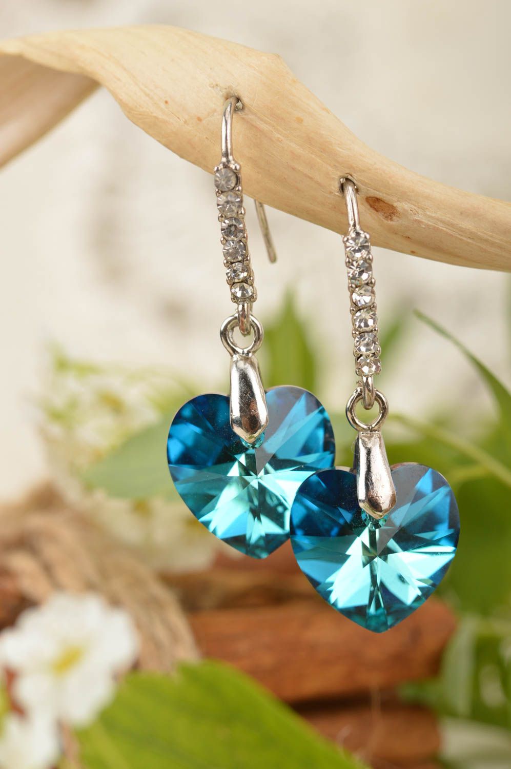 Handmade stylish earrings with Austrian stones and strasses blue hearts photo 1