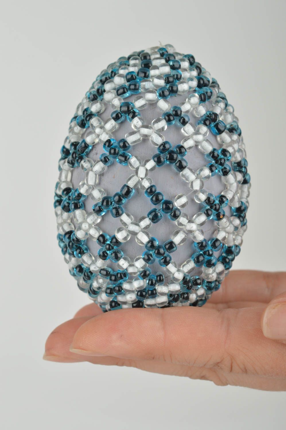 Unusual handmade designer paper mache Easter egg woven over with Chinese beads photo 5