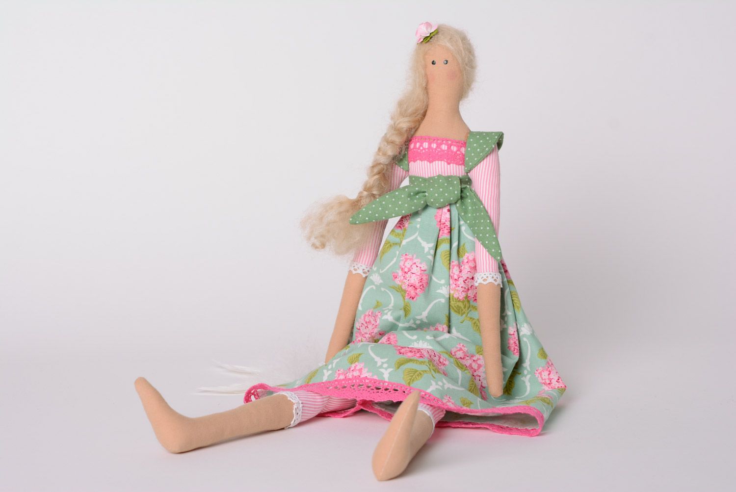 Beautiful handmade fabric soft doll with long braid in dress photo 1