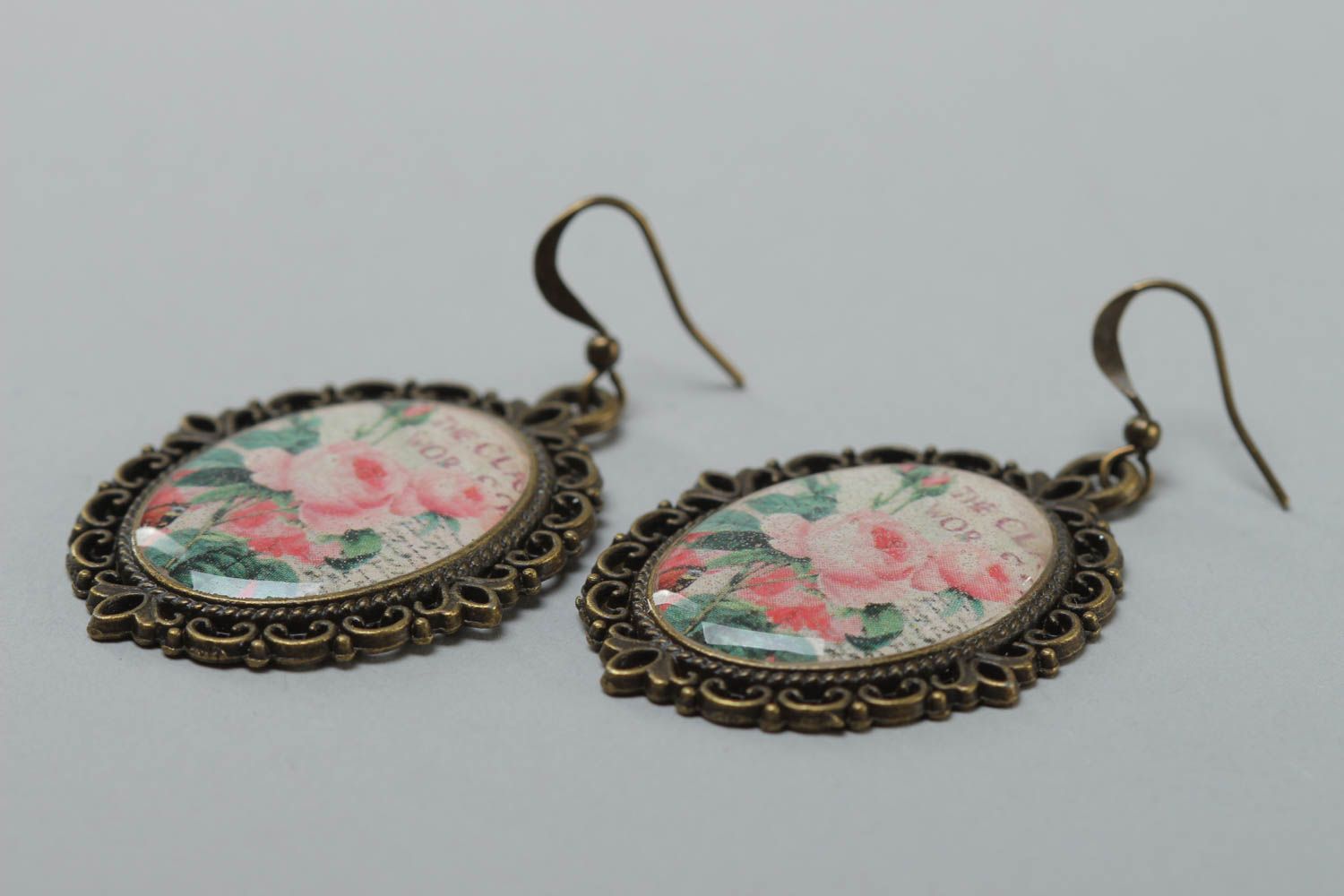 Handmade long oval glass glaze earrings with flowers photo 3
