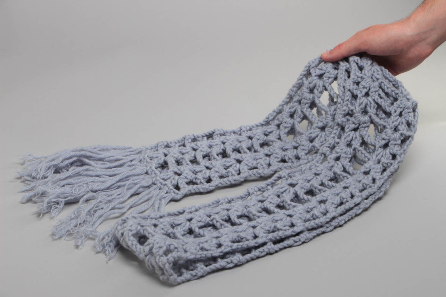 Beautiful handmade long gray crochet scarf created of wool and acrylic threads photo 5