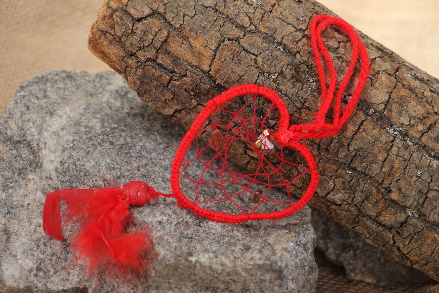 Handmade heart-shaped dreamcatcher wall hanging of red color with feathers photo 1