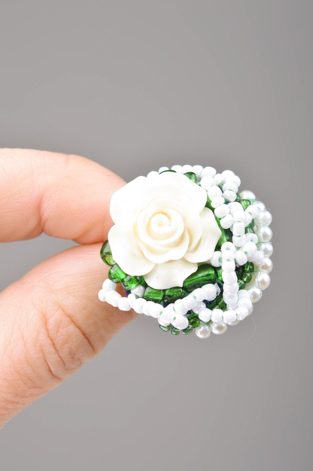 Handmade festive large white and green beaded stud earrings with roses photo 4
