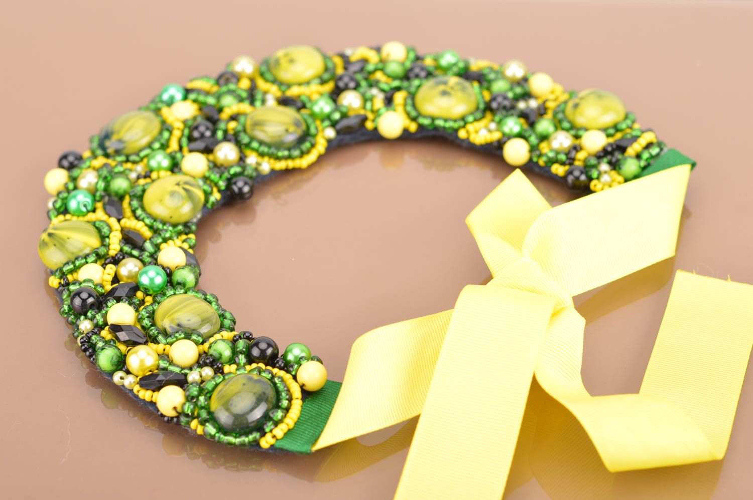 Handmade yellow and green necklace made of large and seed beads on ribbon  photo 3